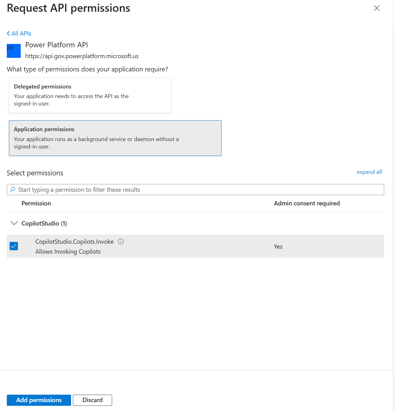 Adding Power Platform API permissions to Entra ID app