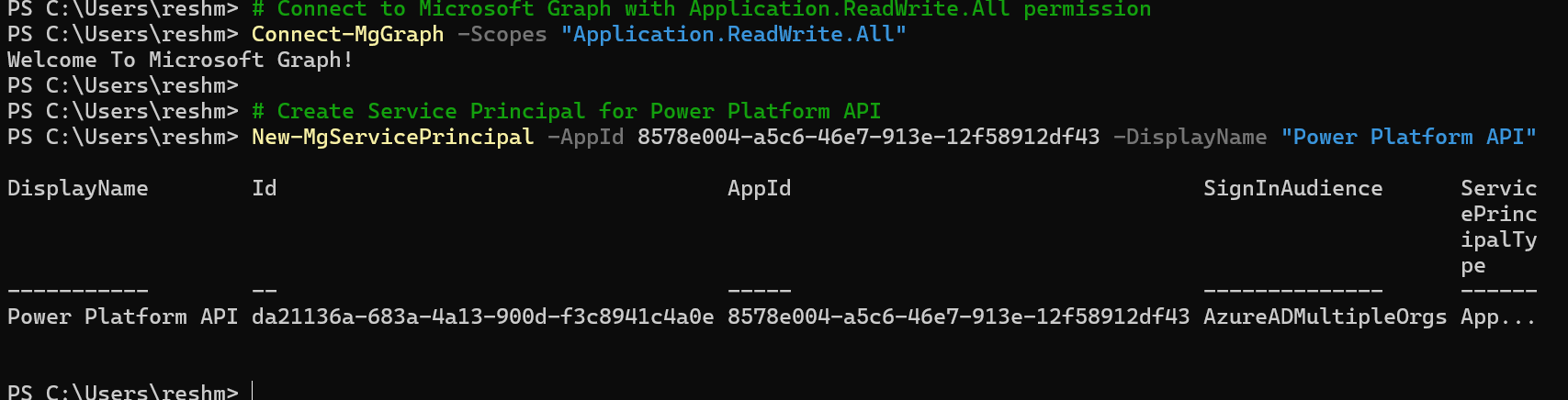 Power Platform API service principal created via PowerShell