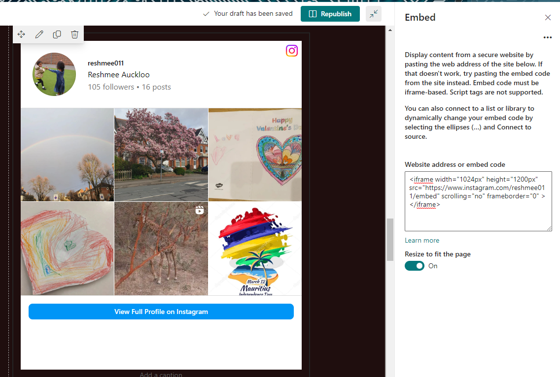 Embed Instagram account within Page