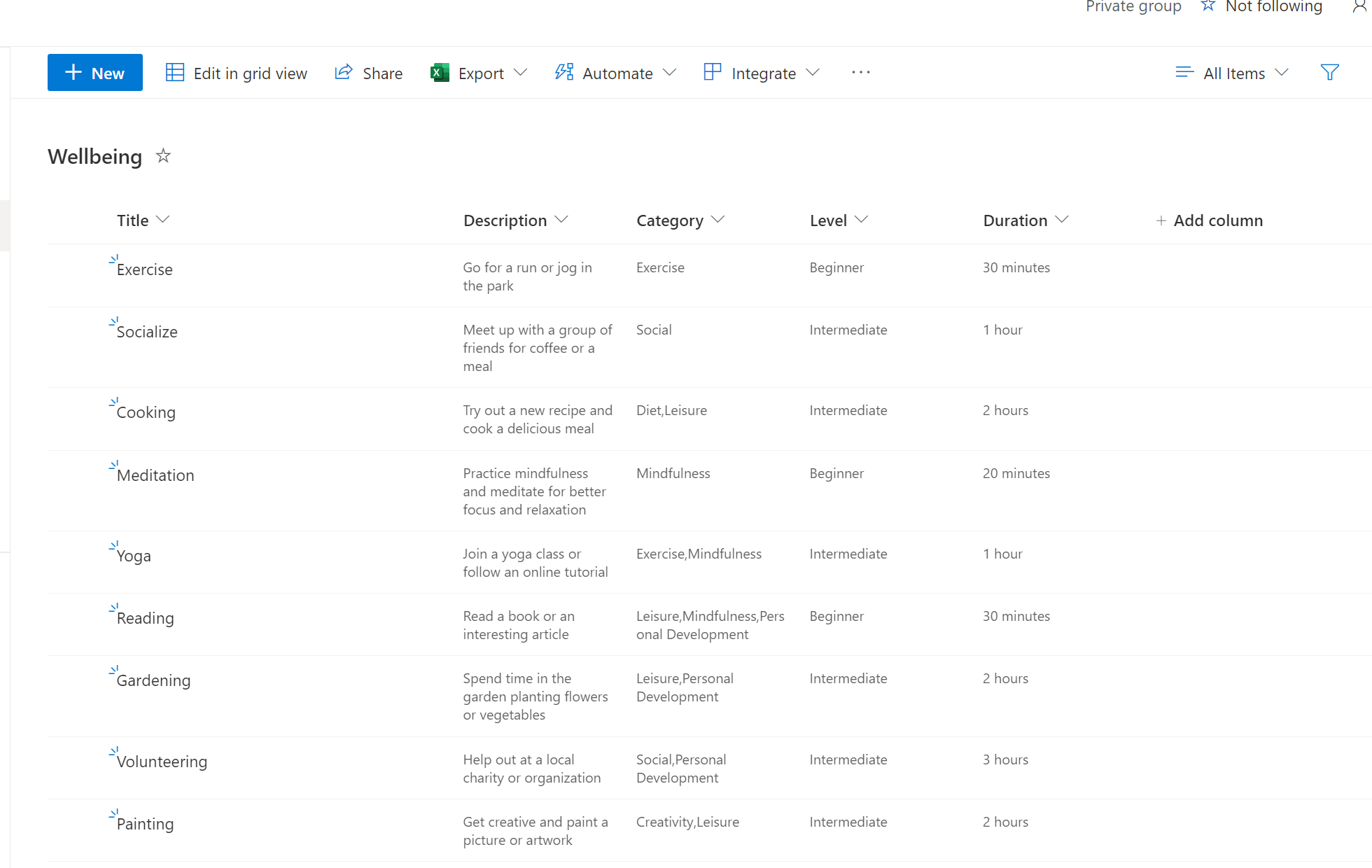 Wellbeing activities saved into SharePoint List