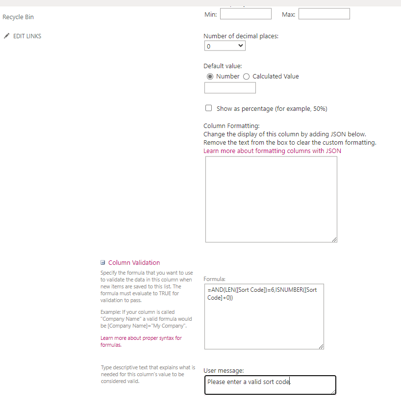 Column Validation for Sort Code and Account Number in SharePoint | Blog ...