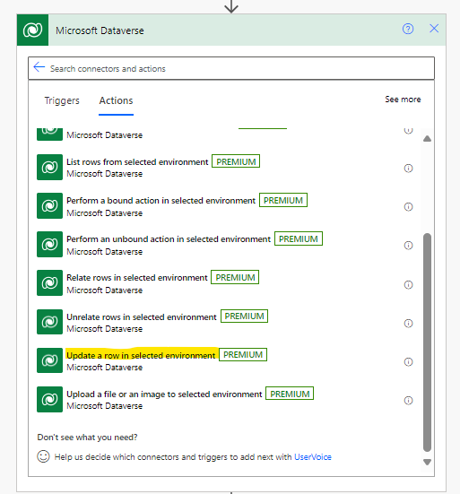 Update a Row Selected Environment