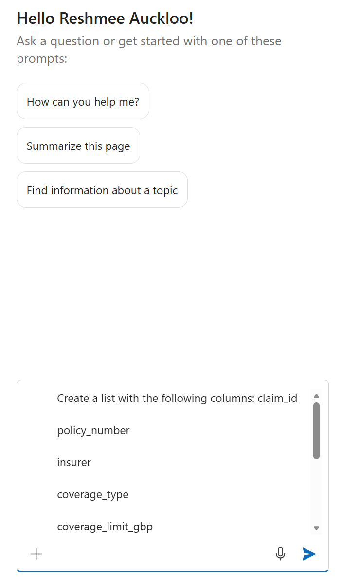 Create list with columns promt